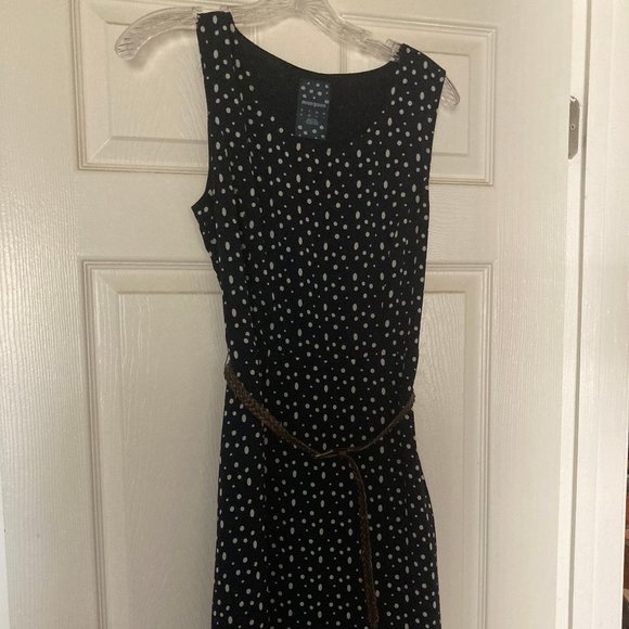 Manguun Navy Polka Dot Dress Size 4 with brown braided belt - Picture 1 of 2